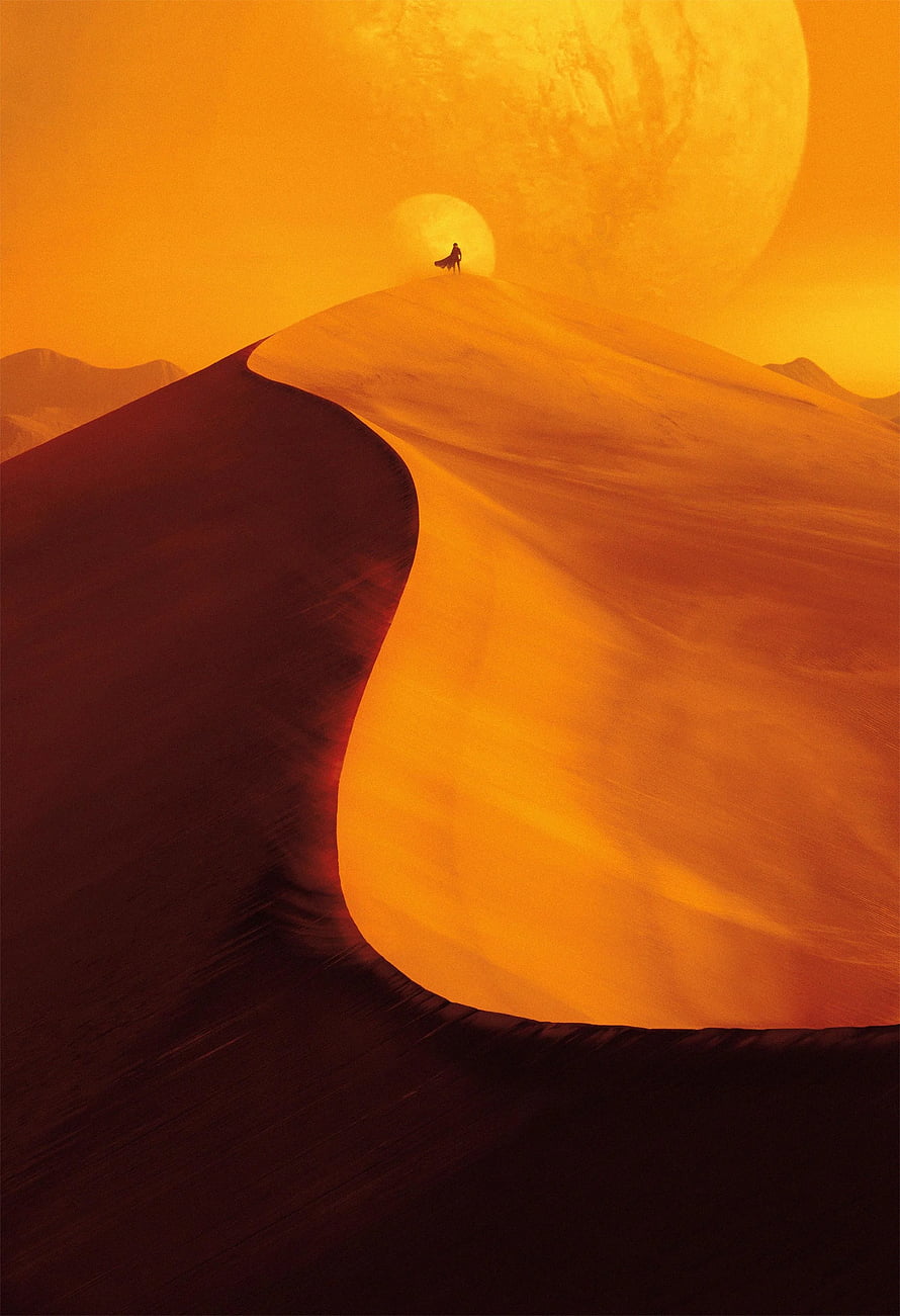 Dune 2021 Movie Poster Artwork Featuring Lone Figure on Desert Dune Under Giant Orange Planet HD phone wallpaper