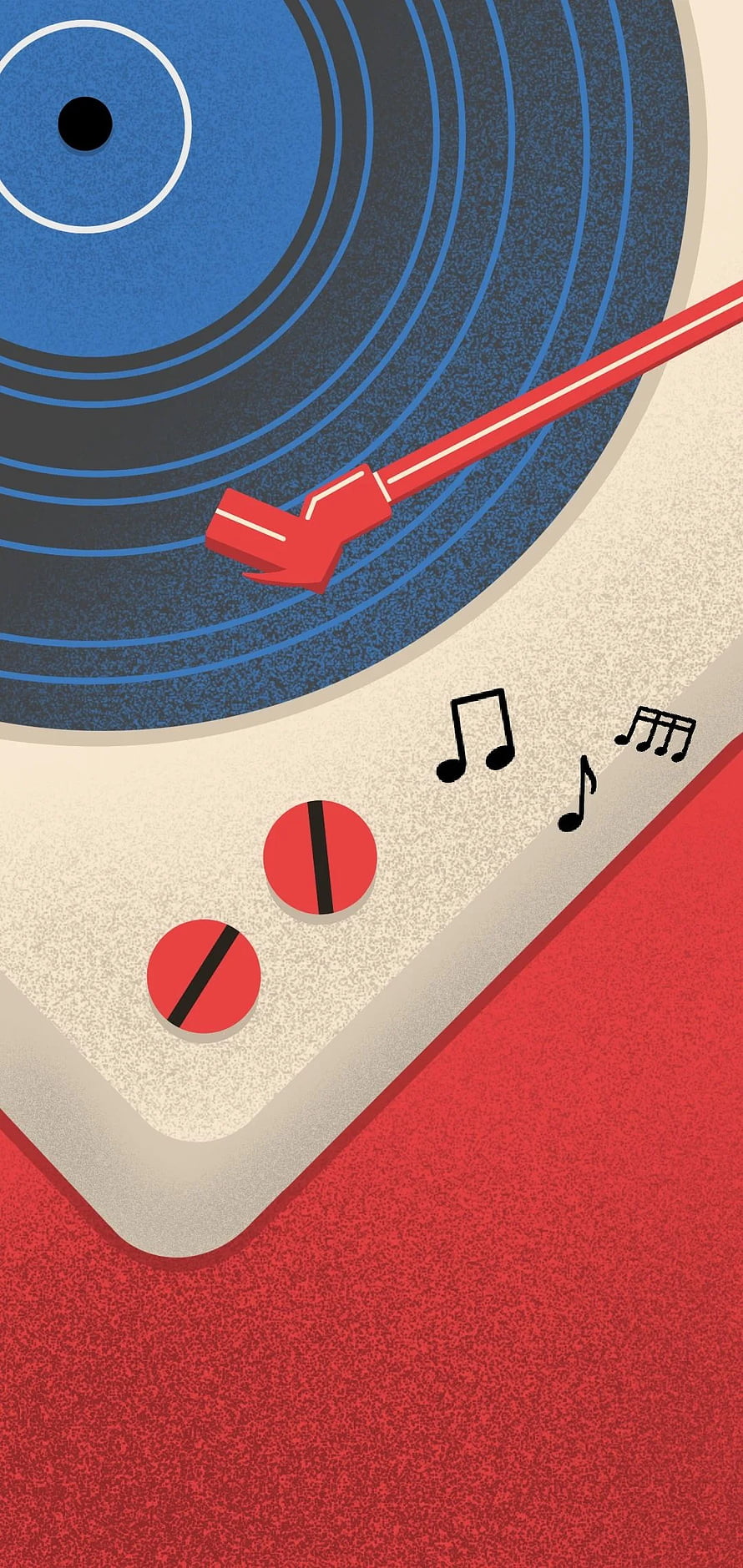 Retro Vinyl Record Player Illustration with Red Tonearm and Musical Notes HD phone wallpaper