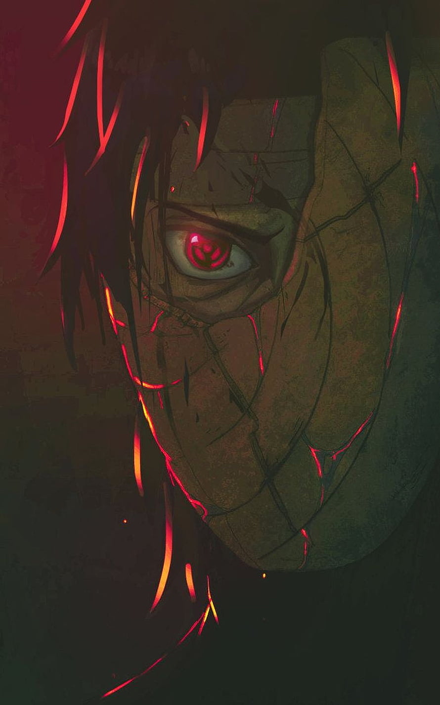 Uchiha Clan Sharingan Eye Close-Up with Glowing Red Chakra Veins and Dark Anime Artwork HD phone wallpaper