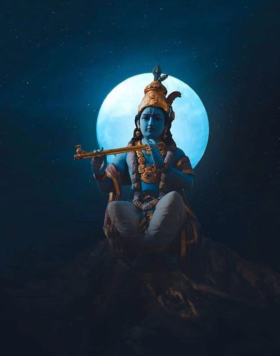 Blue Skinned Hindu God Krishna Playing Flute Under Full Moon Night Sky HD phone wallpaper