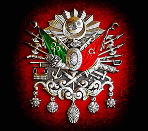 Ottoman Empire Imperial Emblem with Flags and Military Symbols on Red Background, Osmanli Armasi, Osmanlı HD wallpaper