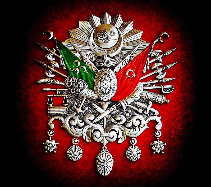 Ottoman Empire Imperial Emblem with Flags and Military Symbols on Red Background, Osmanli Armasi, Osmanlı HD wallpaper