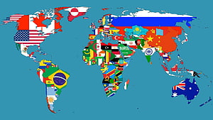 World Map Filled With National Flags Of Every Country On A Teal Background HD wallpaper