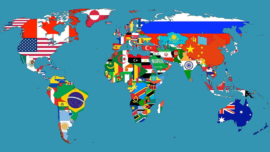 World Map Filled With National Flags Of Every Country On A Teal Background HD wallpaper
