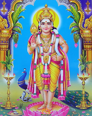 Lord Kartikeya Hindu Deity Wallpaper with Peacock and Divine Attributes HD phone wallpaper