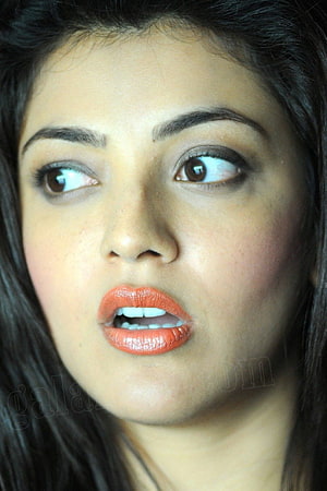 Kajal Agarwal Close-Up Portrait With Coral Lipstick And Dark Hair HD phone wallpaper