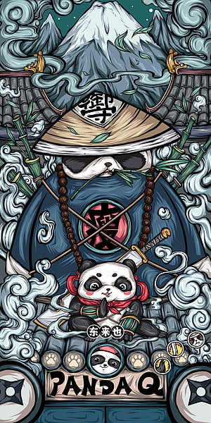Panda Q Ninja Warrior Illustration with Mount Fuji Background and Bamboo Forest HD phone wallpaper