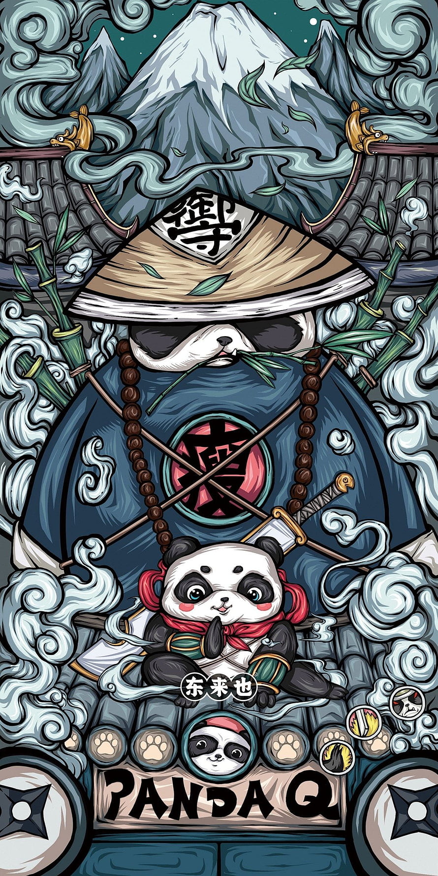 Panda Q Ninja Warrior Illustration with Mount Fuji Background and Bamboo Forest HD phone wallpaper