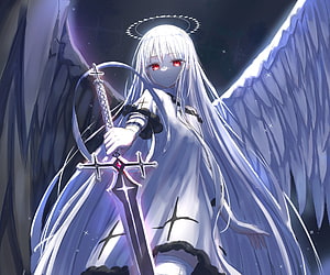 White Winged Angel with Red Eyes Holding a Cross Sword in Dark Fantasy Anime Art HD wallpaper
