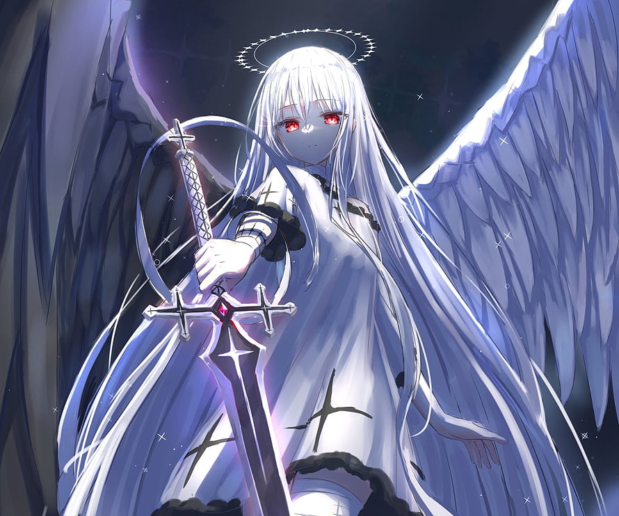 White Winged Angel with Red Eyes Holding a Cross Sword in Dark Fantasy Anime Art HD wallpaper