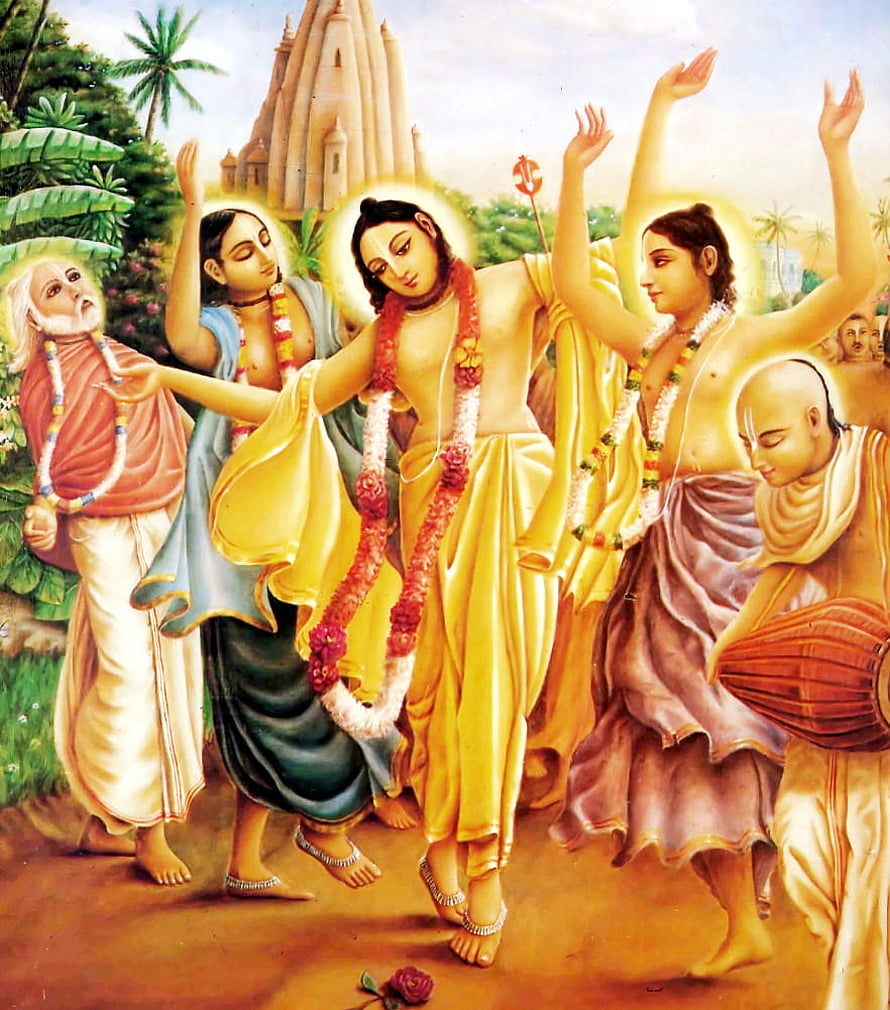 Chaitanya Mahaprabhu and Krishna in a Devotional Dance Scene with Saints and Temple HD phone wallpaper