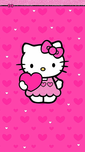 Hello Kitty Holding a Heart on a Pink Patterned Background HD phone wallpaper