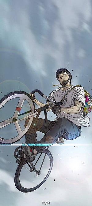 Young Man Riding Bicycle in the Sky Anime Style Illustration, Windbreaker, cycling HD phone wallpaper