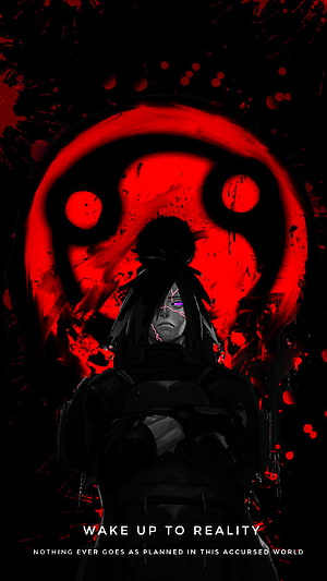 Madara Uchiha Anime Artwork with Red Rinnegan Symbol and Dark Ink Splatter Background HD phone wallpaper