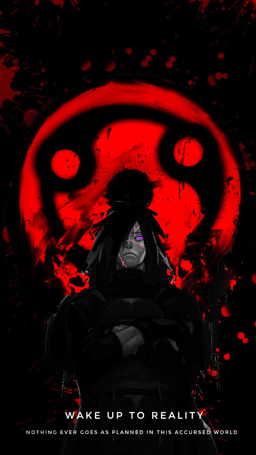 Madara Uchiha Anime Artwork with Red Rinnegan Symbol and Dark Ink Splatter Background HD phone wallpaper
