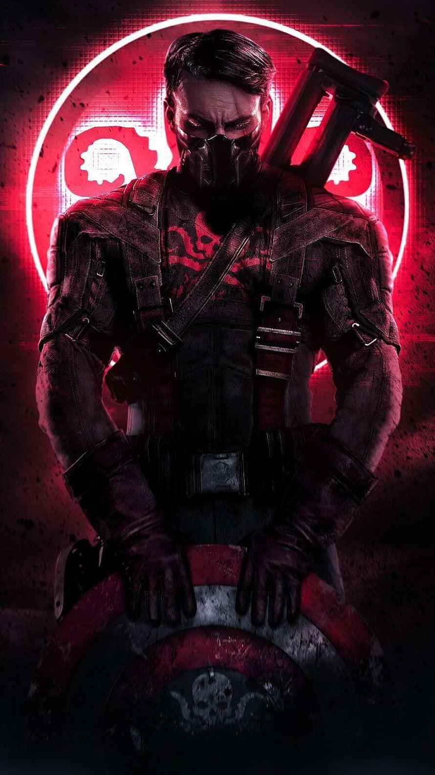 Winter Soldier as Crossbones with skull mask and shield in red neon light HD phone wallpaper