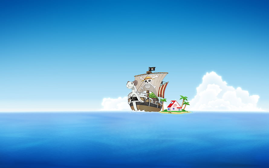 One Piece Going Merry pirate ship sailing near a small tropical island under a clear blue sky HD wallpaper
