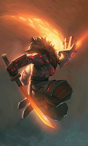 Dynamic Fantasy Warrior Wielding Glowing Orange Sword in Action Pose HD phone wallpaper