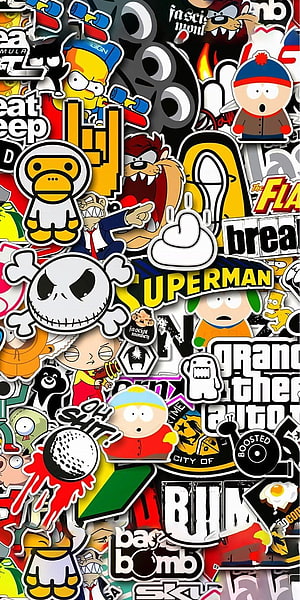 Collage of Pop Culture Stickers Featuring South Park, Jack Skellington, and GTA HD phone wallpaper