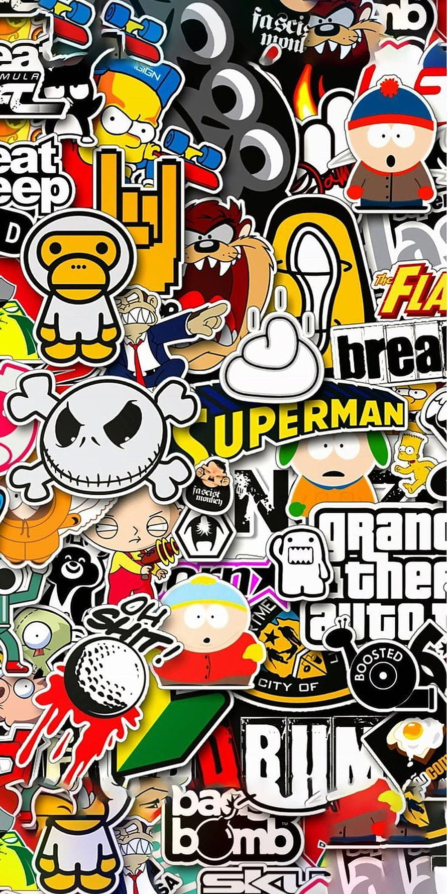 Collage of Pop Culture Stickers Featuring South Park, Jack Skellington, and GTA HD phone wallpaper