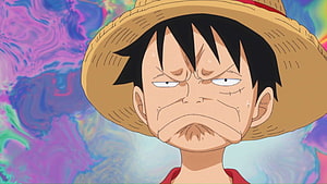 Monkey D. Luffy from One Piece wearing straw hat with serious expression against colorful background HD wallpaper