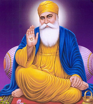 Portrait of Guru Nanak Dev Ji in Yellow Robes and Blue Shawl with Raised Hand HD phone wallpaper