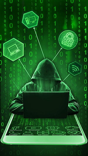 Anonymous Hacker in Hoodie Using Laptop with Green Binary Code and Security Icons HD phone wallpaper