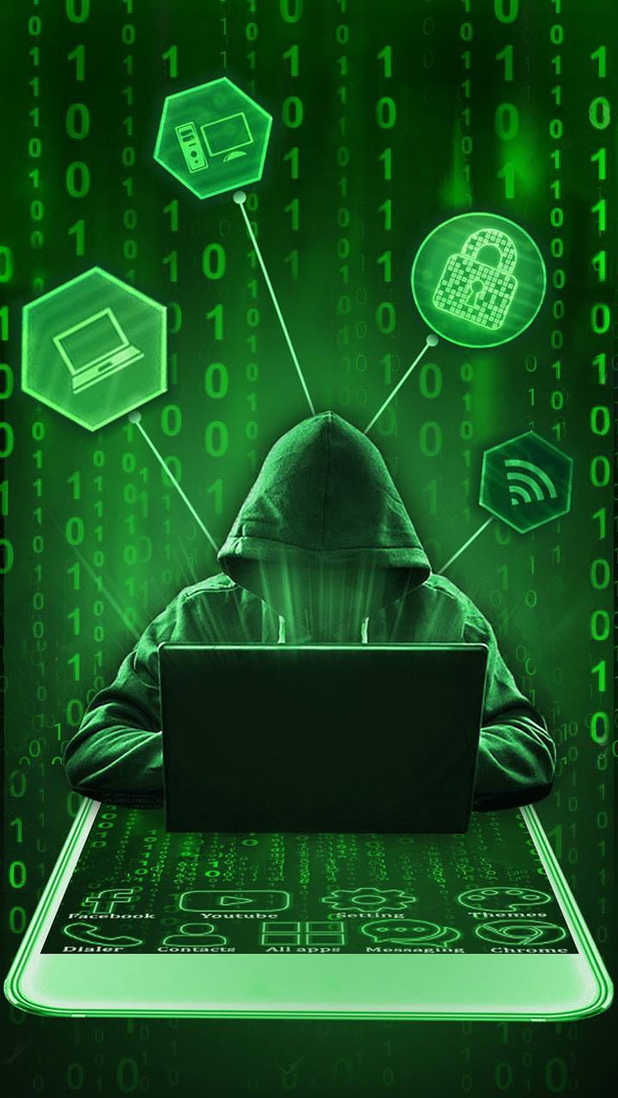 Anonymous Hacker in Hoodie Using Laptop with Green Binary Code and Security Icons HD phone wallpaper