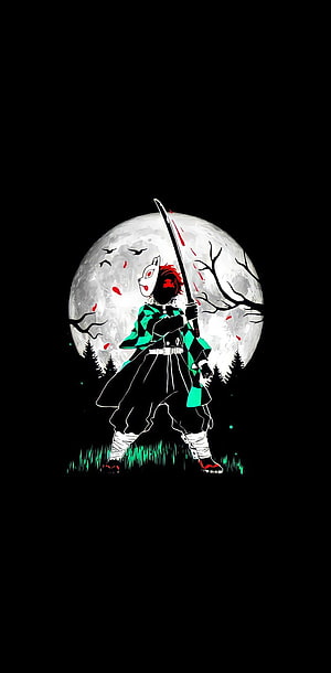 Tanjiro Kamado from Demon Slayer Standing Before a Full Moon with Katana HD phone wallpaper