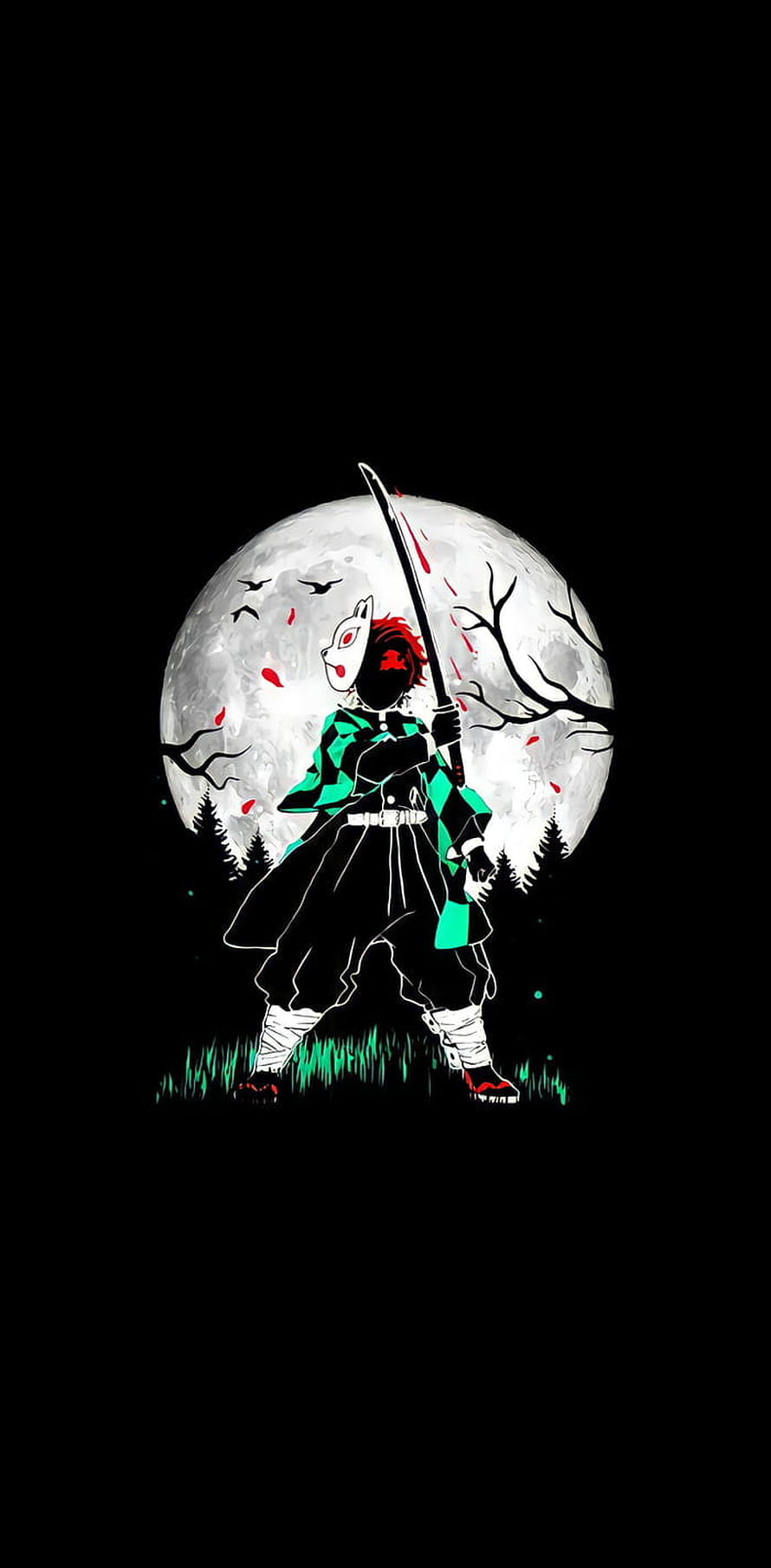 Tanjiro Kamado from Demon Slayer Standing Before a Full Moon with Katana HD phone wallpaper