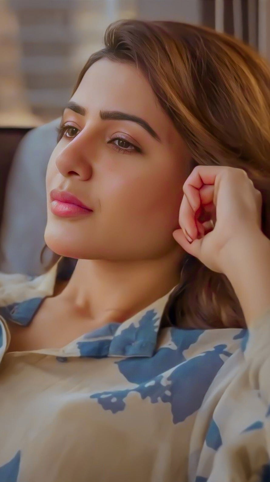 Samantha Akkineni in a Soft Blue and Beige Floral Shirt with a Relaxed Gaze HD phone wallpaper