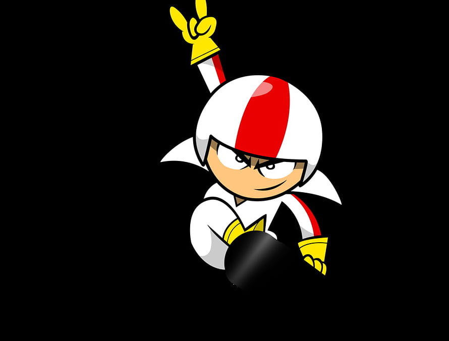 Kick Buttowski cartoon character in white and red helmet making a peace sign on black background HD wallpaper
