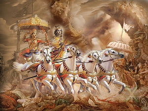 Arjuna and Krishna in the Chariot During the Kurukshetra War from the Mahabharata HD wallpaper