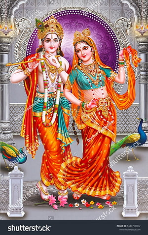 Krishna and Radha in Traditional Indian Attire with Peacocks and Floral Decor HD phone wallpaper