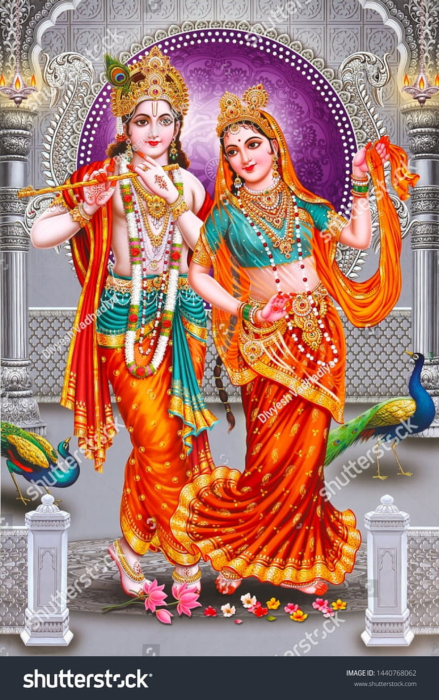 Krishna and Radha in Traditional Indian Attire with Peacocks and Floral Decor HD phone wallpaper