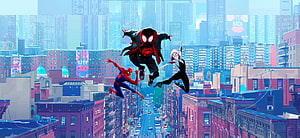 Spider-Man, Miles Morales, and Gwen Stacy swinging through a vibrant animated New York City skyline, Movie, fan art, Spider-Man: Into the Spider-Verse HD wallpaper