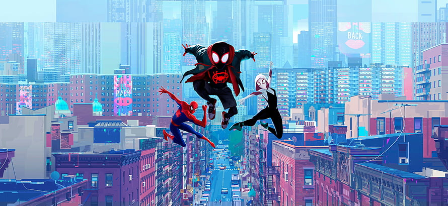Spider-Man, Miles Morales, and Gwen Stacy swinging through a vibrant animated New York City skyline, Movie, fan art, Spider-Man: Into the Spider-Verse HD wallpaper