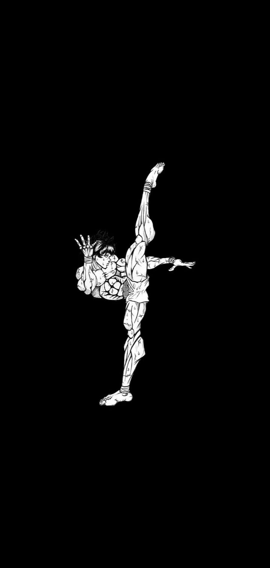 Baki Hanma performing a high kick martial arts pose black and white manga illustration, Baki, art, choreography HD phone wallpaper