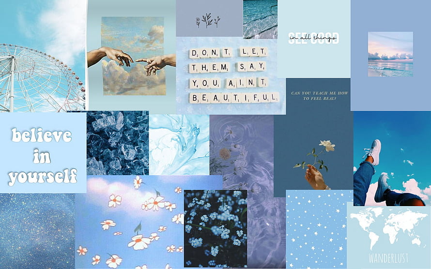 Light Blue Aesthetic Collage Wallpaper With Inspirational Quotes And Nature Scenes HD wallpaper