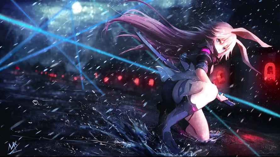 Honkai Impact 3 Anime Girl Kneeling in Snow with Blue Laser Beams and Red Glowing Letters HD wallpaper