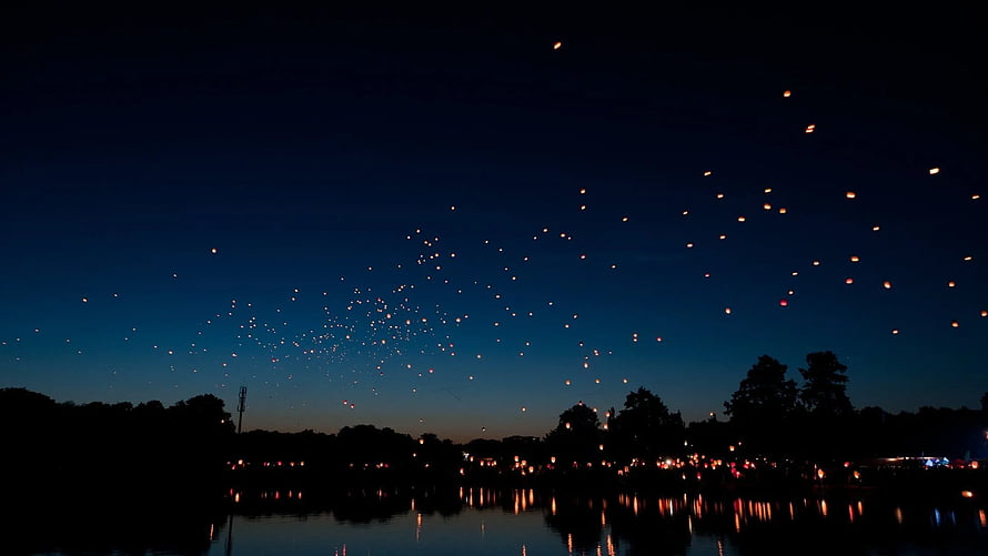 Sky Lanterns Floating Over Lake At Night With Reflections HD wallpaper