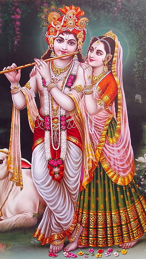 Radha Krishna Playing Flute Together in Traditional Attire with Cow HD phone wallpaper
