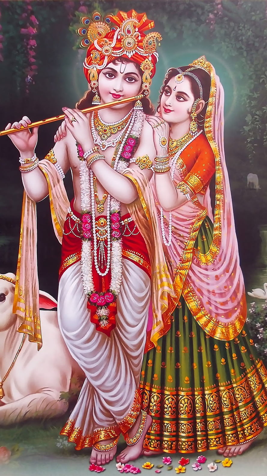 Radha Krishna Playing Flute Together in Traditional Attire with Cow HD phone wallpaper