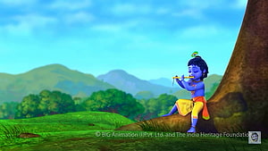 Little Krishna Playing Flute Under a Tree in a Lush Green Landscape HD wallpaper