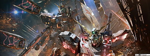 Gundam Versus Mecha Battle Scene with Explosions and Energy Weapons HD wallpaper
