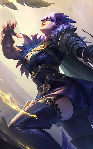 Natalia from Mobile Legends: Bang Bang in a dark armored outfit with purple hair and glowing energy effects HD phone wallpaper