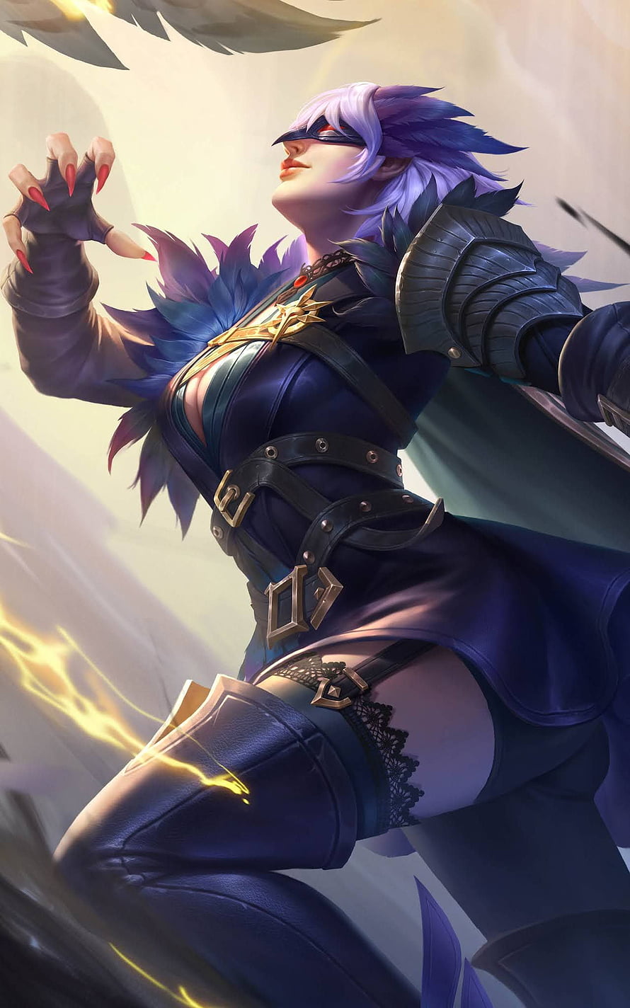 Natalia from Mobile Legends: Bang Bang in a dark armored outfit with purple hair and glowing energy effects HD phone wallpaper