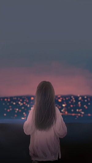Girl Looking At City Lights At Sunset Anime Style Wallpaper HD phone wallpaper