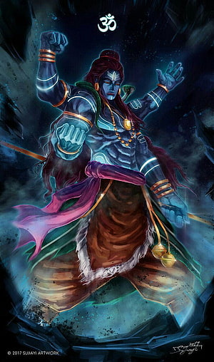 Blue-skinned Hindu deity Shiva in dynamic pose with glowing om symbol, snake, and trident HD phone wallpaper