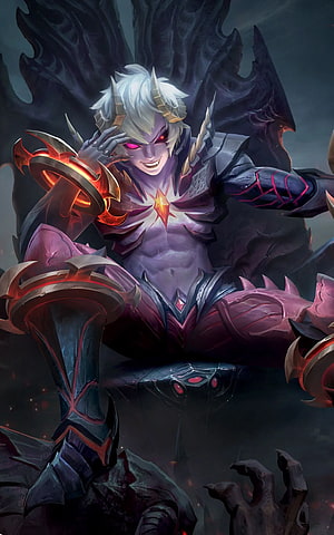 Dyrroth from Mobile Legends: Dark Demon Character Art with Glowing Red Eyes and Ornate Armor HD phone wallpaper